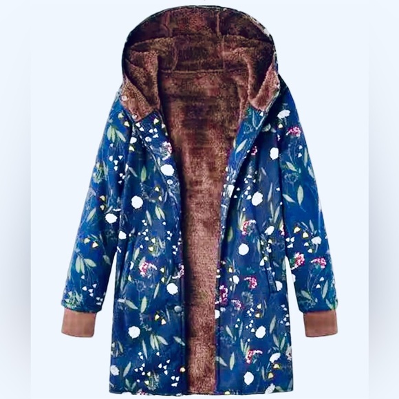 FLORAL JACKET SHERPA NAVY FLORAL COAT LIGHTWT LINED HOODED PARKA ASIAN 3XL US XL - Picture 1 of 3